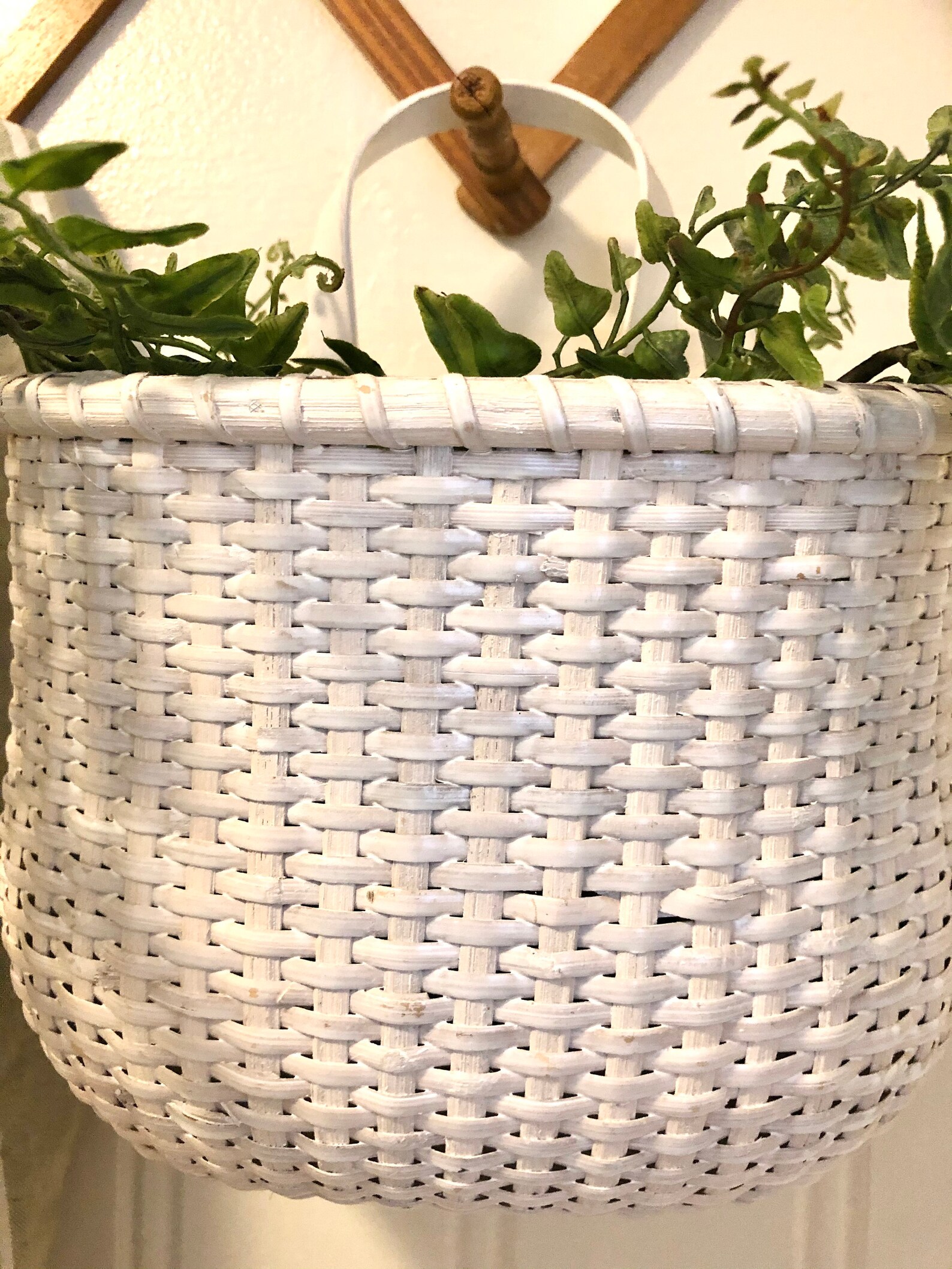 Vintage White Hanging or Standing Wicker Basket Etsy