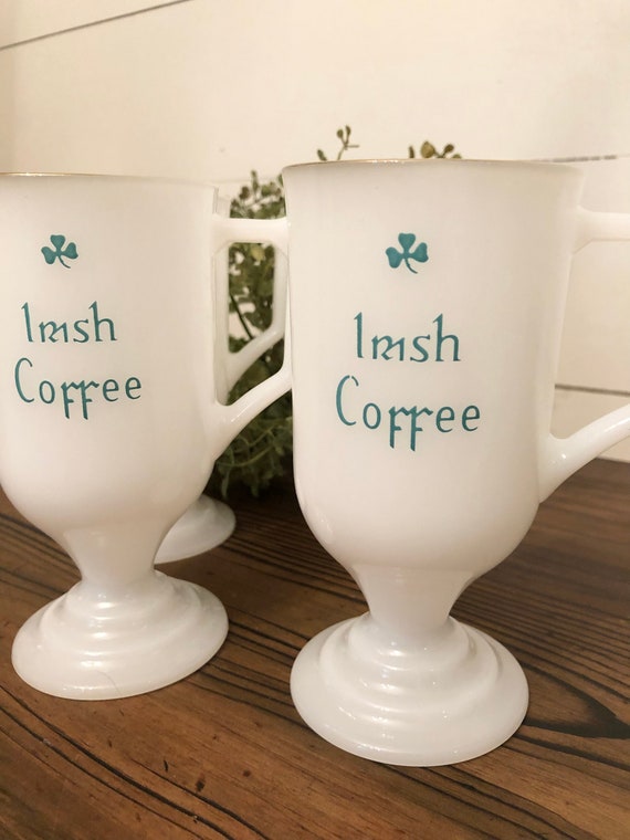 Milk Glass Pedestal Irish Coffee Mugs / Gold Rim Milk Glass/ 