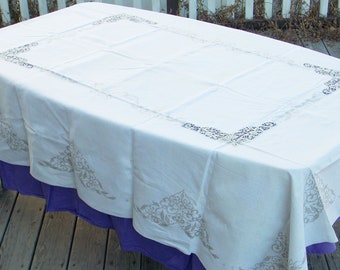 Vintage Handmade Tablecloth - 84” x 64” Beige Cross-stitch and Openwork Tablecloth