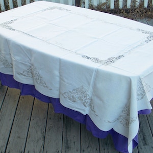 Vintage Handmade Tablecloth - 84” x 64” Beige Cross-stitch and Openwork Tablecloth
