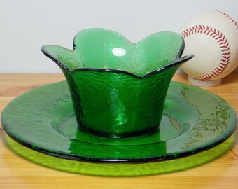 Hand-blown Green Textured Glass Flower Petal Bowl and Plate Set