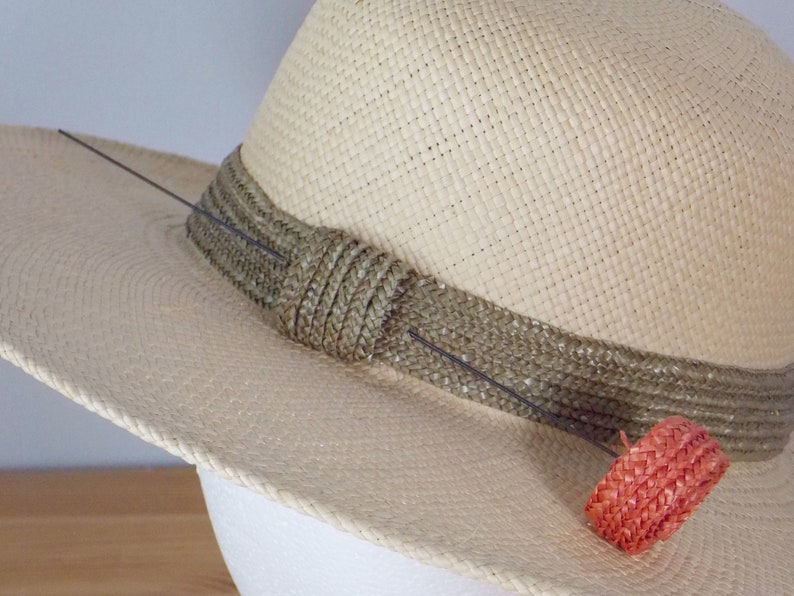 Natural Straw Hat with Green Band and Orange Straw Flower