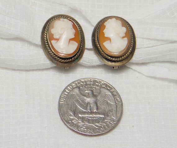 Silver Cameo Earrings - Vintage Clip-on Earrings - image 3