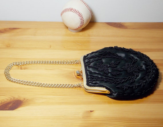 Vintage 60’s Black Satin Beaded Evening Bag with … - image 3