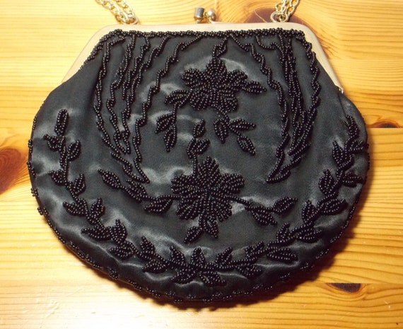 Vintage 60’s Black Satin Beaded Evening Bag with … - image 4
