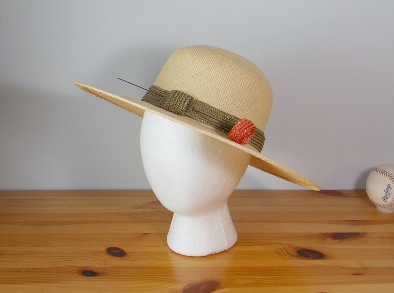 Natural Straw Hat with Green Band and Orange Straw Flower