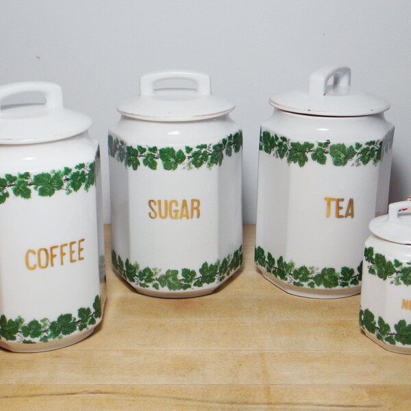 Vintage Green/White Canister Set - Set of 4 Antique Kitchen Canisters