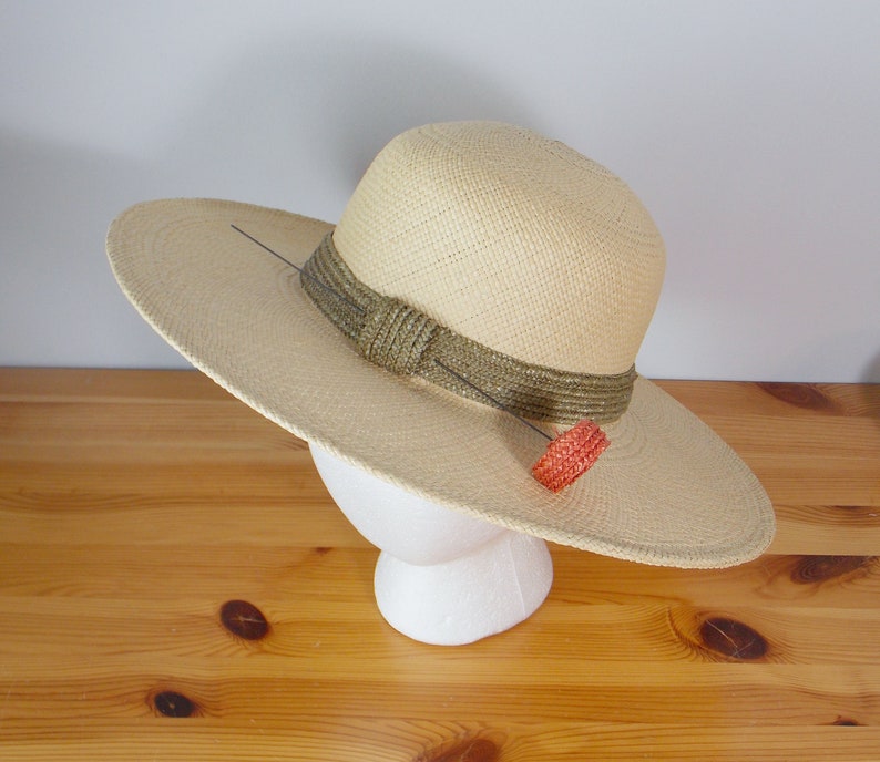 Natural Straw Hat with Green Band and Orange Straw Flower