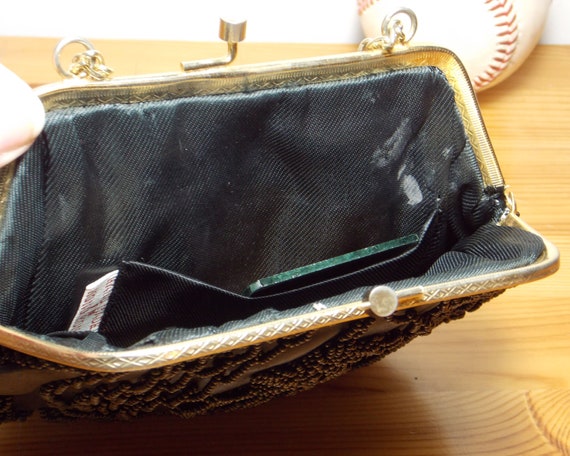 Vintage 60’s Black Satin Beaded Evening Bag with … - image 7
