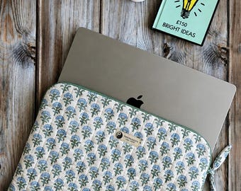 Blue Blossom Quilted Laptop Sleeve | Handmade Cotton MacBook Sleeve | Floral Laptop Case | Padded Laptop Cover | Gift for Her