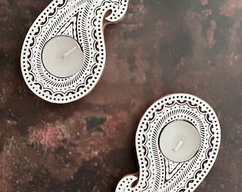 Pair of Handcarved Paisley Wood Tealight Holders