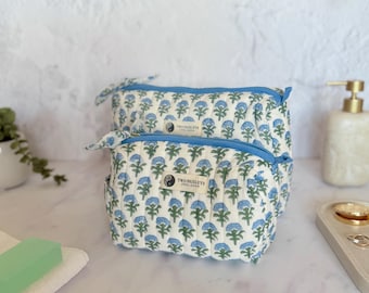 Blue Blossom Floral Quilted Makeup Bag | Hand Block Printed Cotton Travel Bag