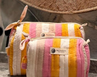 Striped Quilted Cotton Toiletry Bag | BlockPrinted  Washbag | Makeup Bag | Vegan