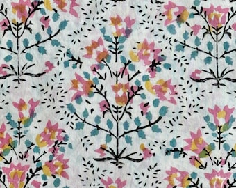 Grandma's Garden Floral Hand  BlockPrinted Cotton Fabric For Dress Making Sewing Craft By the Metre
