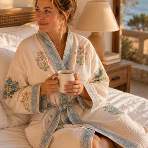 Floral Hand Block Printed Waffle Robe | Cotton Kimono | Packable Travel Gown | Bathrobe | Birthday Gift For Her | Cottage Garden