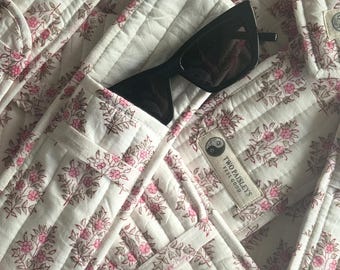 Quilted Cotton Reading Glasses Case Sunglasses Pouch | Hand Block Printed | Vintage Floral Pink Print | Scratch Protection