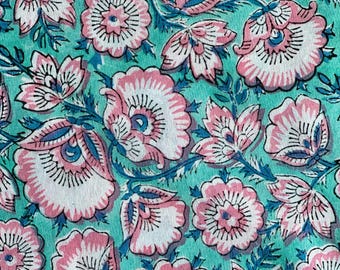 Aqua Floral Hand Block Printed Cotton Fabric: Dress Making, Quilting - Limited Edition