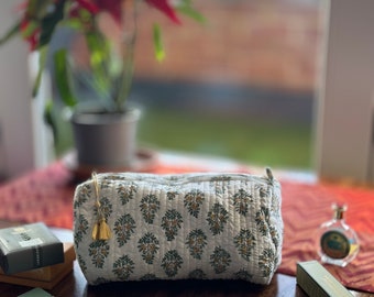 Floral Sprig Hand BlockPrint Make Up Toiletry Cosmetic Bag