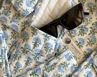 Quilted Cotton Reading Glasses Case Sunglasses Pouch | Hand Block Printed | Blue Blossom Floral Print | Scratch Protection