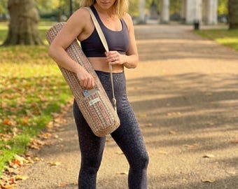 Premium Quilted Cotton Yoga Mat Bag | Pilates Bag | Yoga Bag with Zipper | Zipped Pocket | Adjustable Strap | + Room for Small Towel