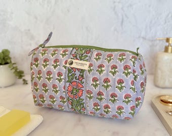 Ditsy Daisy Floral Large Quilted Makeup Bag | Cotton Travel Toiletry Pouch |Waterproof | Vegan
