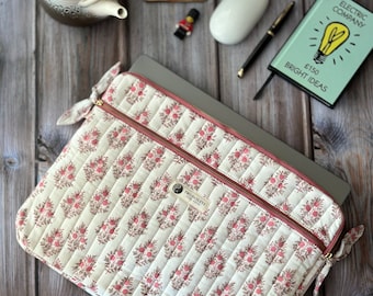Vintage Floral Laptop Sleeve, Quilted MacBook Case, Double Zip Organiser Pro, Bridesmaid Gift