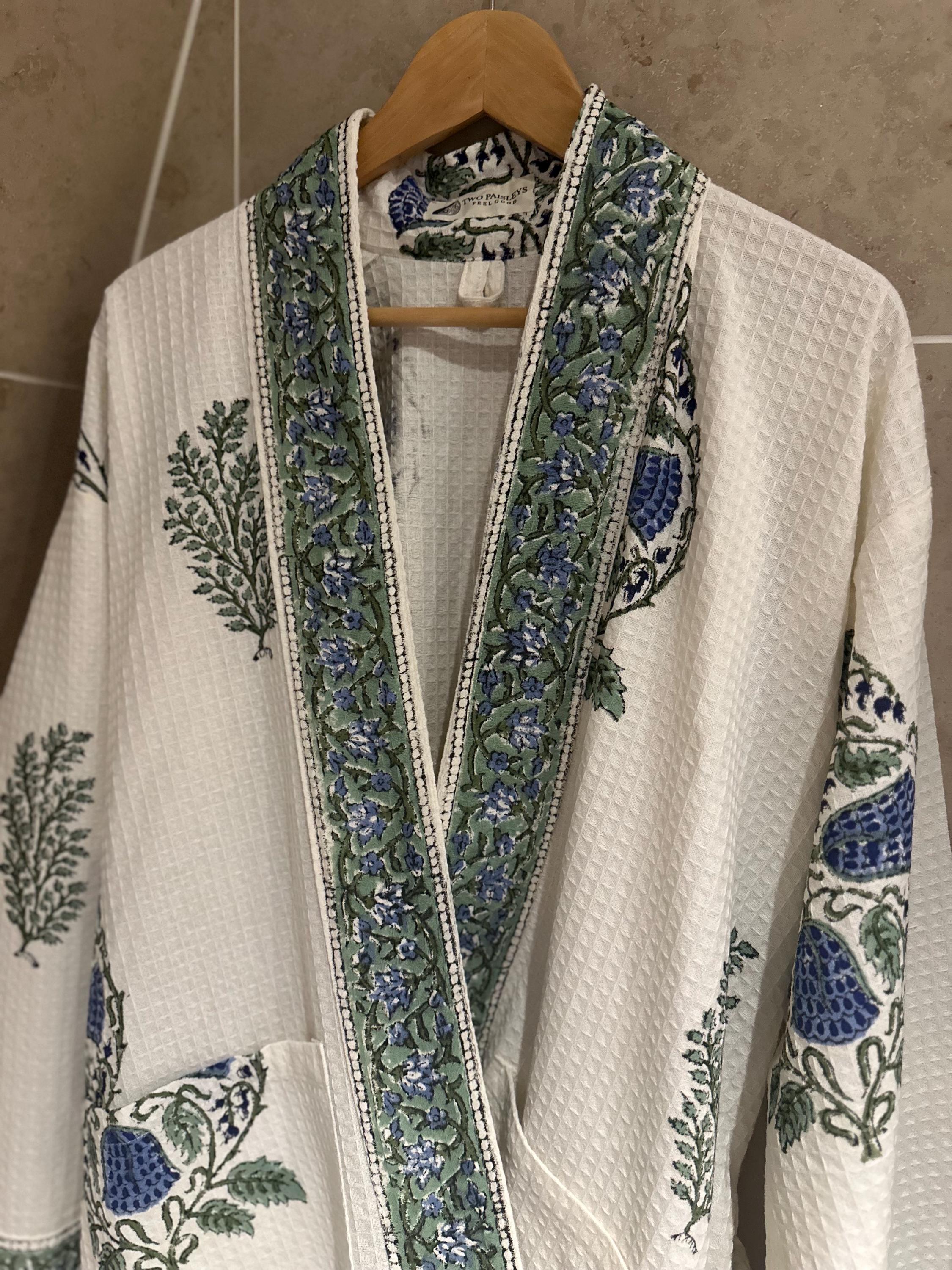 Hand Block Printed Cotton Waffle Robe | Kimono Style With Scrunchie ...