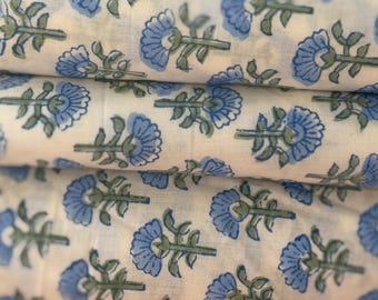 Blue Blossom Hand Block  Printed Cotton Fabric For Dress Making Sewing Craft By the Metre
