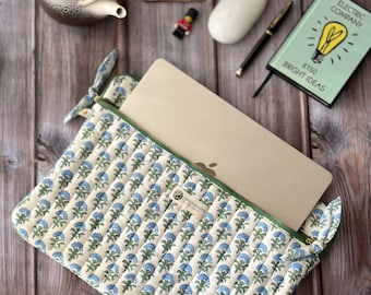 Blue Blossom Quilted Laptop Sleeve  Handmade MacBook Pouch Cover