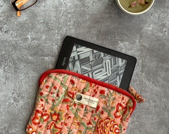 Floral Kindle Sleeve, Quilted Cotton Kindle Case, Handmade E-Reader Cover, Book Sleeve, Travel Pouch