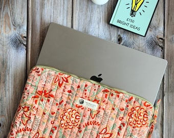 Coral Floral Laptop Sleeve, Quilted MacBook Case, Vegan, 16 Inch Laptop Cover, Gift for Her