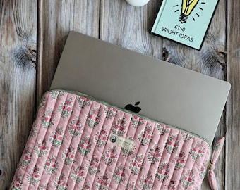 Blush Floral Laptop Sleeve | Quilted MacBook Case | 15 Inch Cotton Laptop Cover | Gift for Her