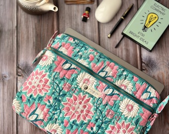 Garden of Eden Laptop Sleeve, Floral Quilted MacBook Case, Double Zip Organiser Pro, Gift for Her