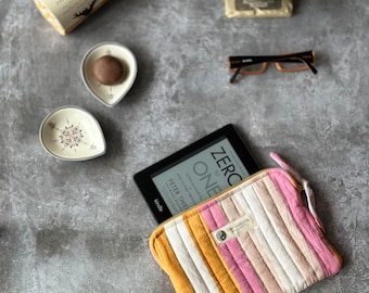 Ice Cream Kindle Sleeve, Striped Quilted Cotton Kindle Case, Handmade E-Reader Cover, Gift for Her