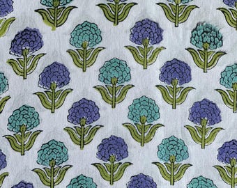 Hand Block Printed Hydrangea Cotton Fabric: Turquoise & Purple Floral - Limited Edition