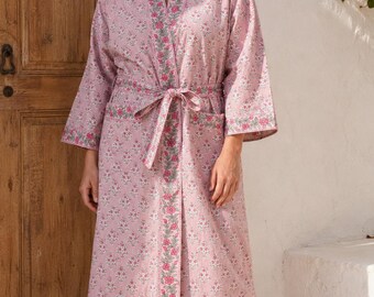 Blush Floral Women's Cotton Hand Block Printed | Kimono Robe | Dressing Gown | Bridesmaids | Birthday Gift For Her | Mother's Day Gift