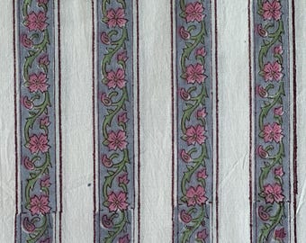 Hand Block Printed Cotton Fabric: Vintage Rose Floral Stripes -  Limited Edition