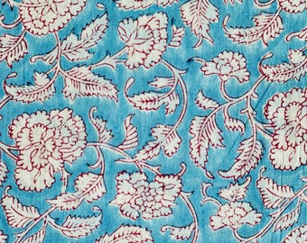 Hand Block Printed Cotton Fabric: Blue Floral Vines, Dress Making By The Metre  -Limited Edition