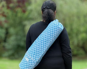 Blue Lotus Quilted Cotton Yoga Mat Bag | Pilates Bag | Yoga Bag with Zipper | Zipped Pocket | Adjustable Strap | + Room for Small Towel