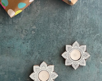 Pair of Handcarved Mandala Wood Tealight Holders