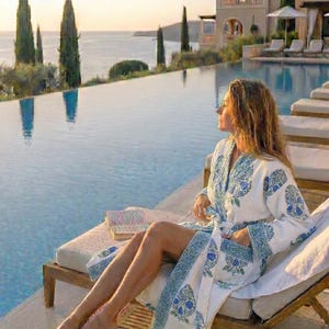 May include: A person wearing a white robe with blue floral patterns relaxes by a pool. The robe has a matching blue trim. The person is sitting on a sun lounger with a book nearby, overlooking a body of water.