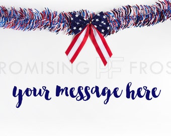 Download Free Styled Stock Photography | Red White & Blue American Flag Bow with Red White Blue Garland on White Desktop | Product Mockup | Digital Image PSD Template