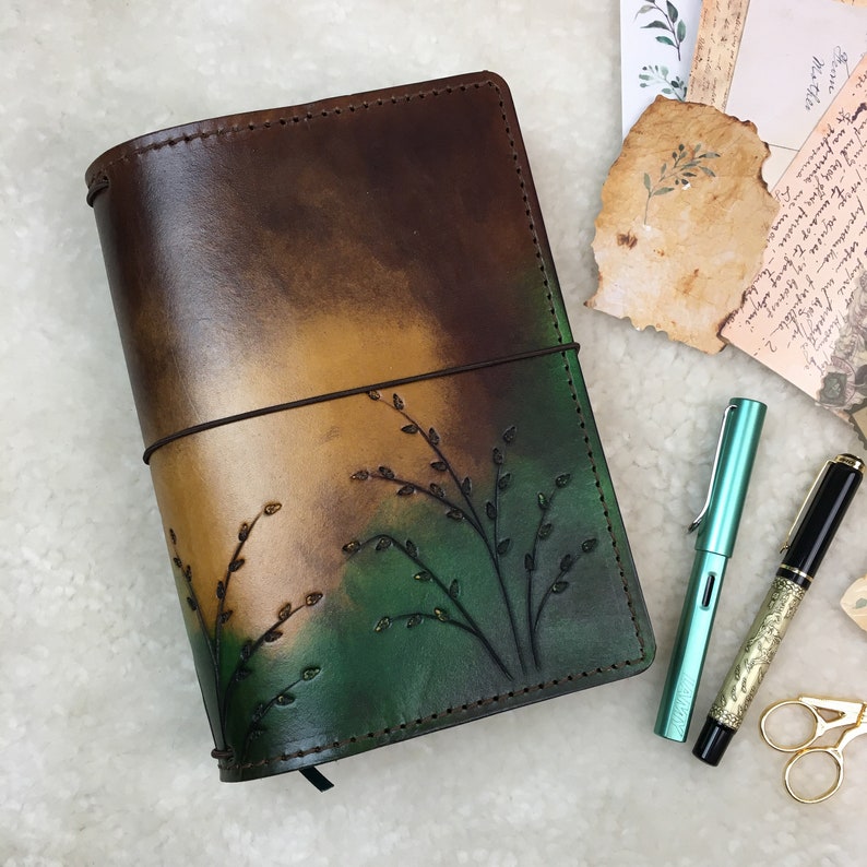 All Sizes Seagrass Ombre Brown Green Elrohir Leather Travelers Notebook Planner A4 A5 A6 B6 Cahier Pocket Regular Personal Passport A7 image 1