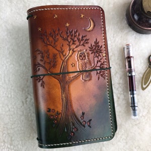 Alle maten Tree of Life Travelers Notebook Elrohir Leder Midori Standaard A4 A5 B6 A6 Cahier B6 Pocket Normaal Paspoort Boom Sterren Maan Vogel
