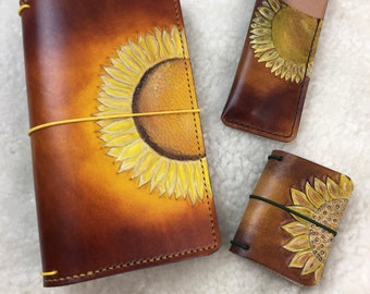 All Sizes Sunflower Travelers Notebook Elrohir Leather Midori Standard A4 A5 B6 A6 Cahier B6 Pocket Regular Passport floral flower journal