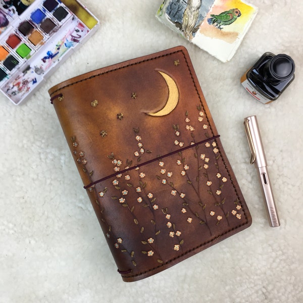 All Sizes Antique Brown Starlight Daisy Travelers Notebook Elrohir Leather Fauxdori Midori A4 A5 B6 A6 Cahier B6 Pocket Regular Passport A7