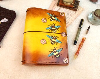 Elrohir A5 Burning Bees Travelers Notebook Starter Set Cover Leather TN Planner Journal Cover LT1917