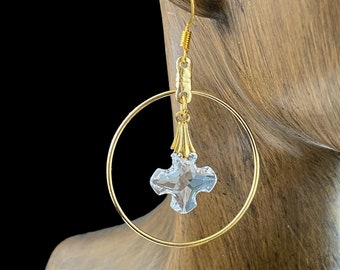 Gold Hoop Earrings with Crystal Cross, Austrian Clear Crystal Greek Cross in Gold Hoop Dangle Earrings, Austrian Crystal Cross Earrings