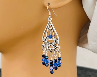 Silver Chandelier Earrings with Blue Crystals, Silver Filagree Earrings, Two-tone Blue Crystal Earrings, Blue Sparkle Earrings, Silver Swirl