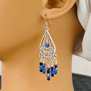 Silver Chandelier Earrings with Blue Crystals, Silver Filagree Earrings, Two-tone Crystal Earrings, Blue Sparkle Earrings, Silver Swirl,